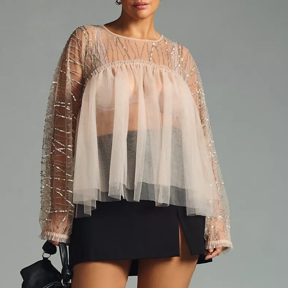 Anthropologie Sheer Embellished Long Sleeve Top